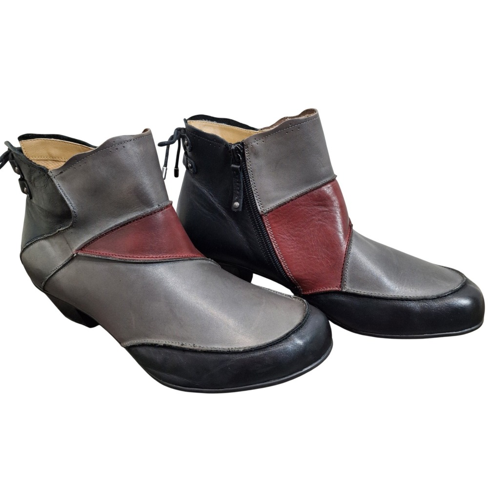 Aetrex Women's Black Grey Burgundy Leather Patchwork Ankle Boots Size 10W EE907W